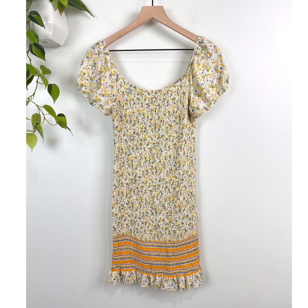 Lost + Wander Floral Smocked Mini Dress Puff Sleeve Ruffle M Cottagecore Summer